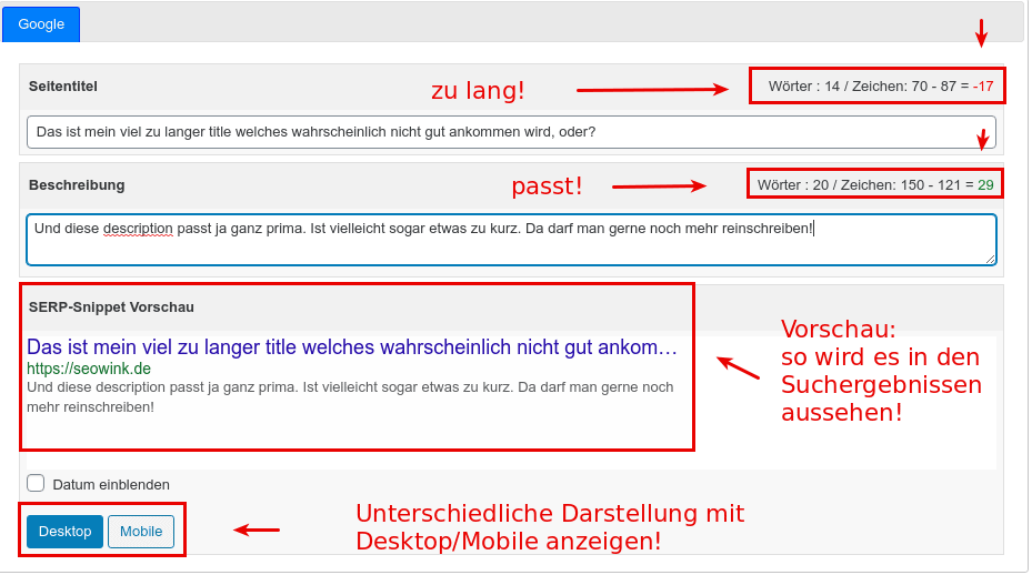 wpSEO title und meta description vorschau